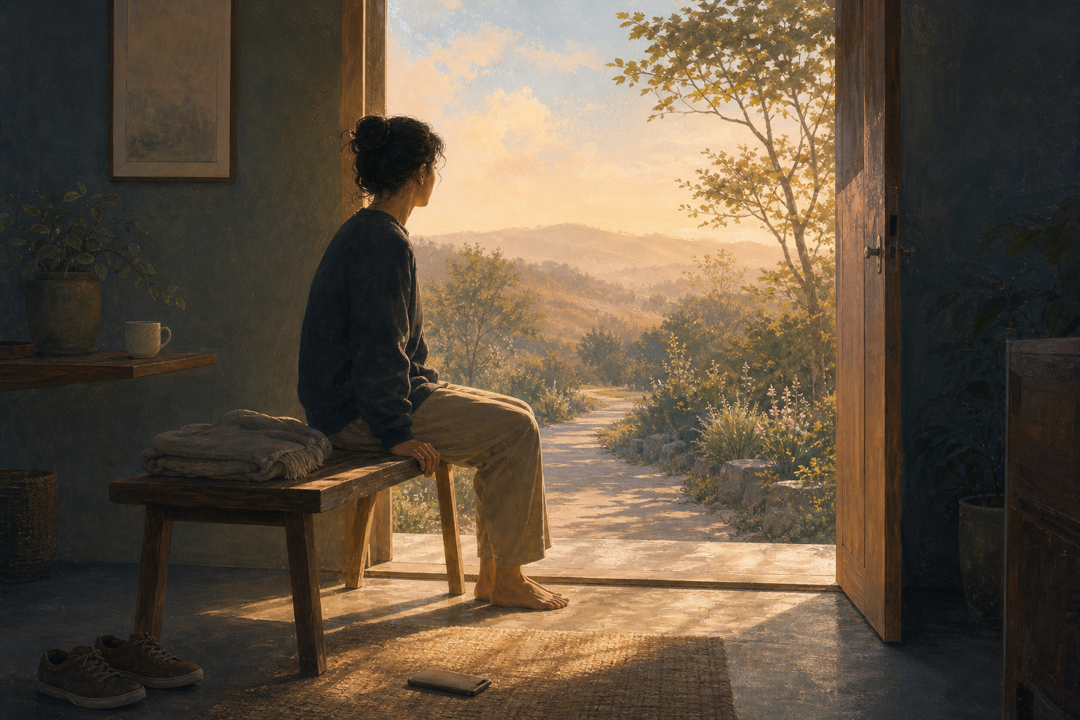 An adult sits on a wooden bench in an open doorway at dawn, with everyday objects inside the home and a curving garden path outside.