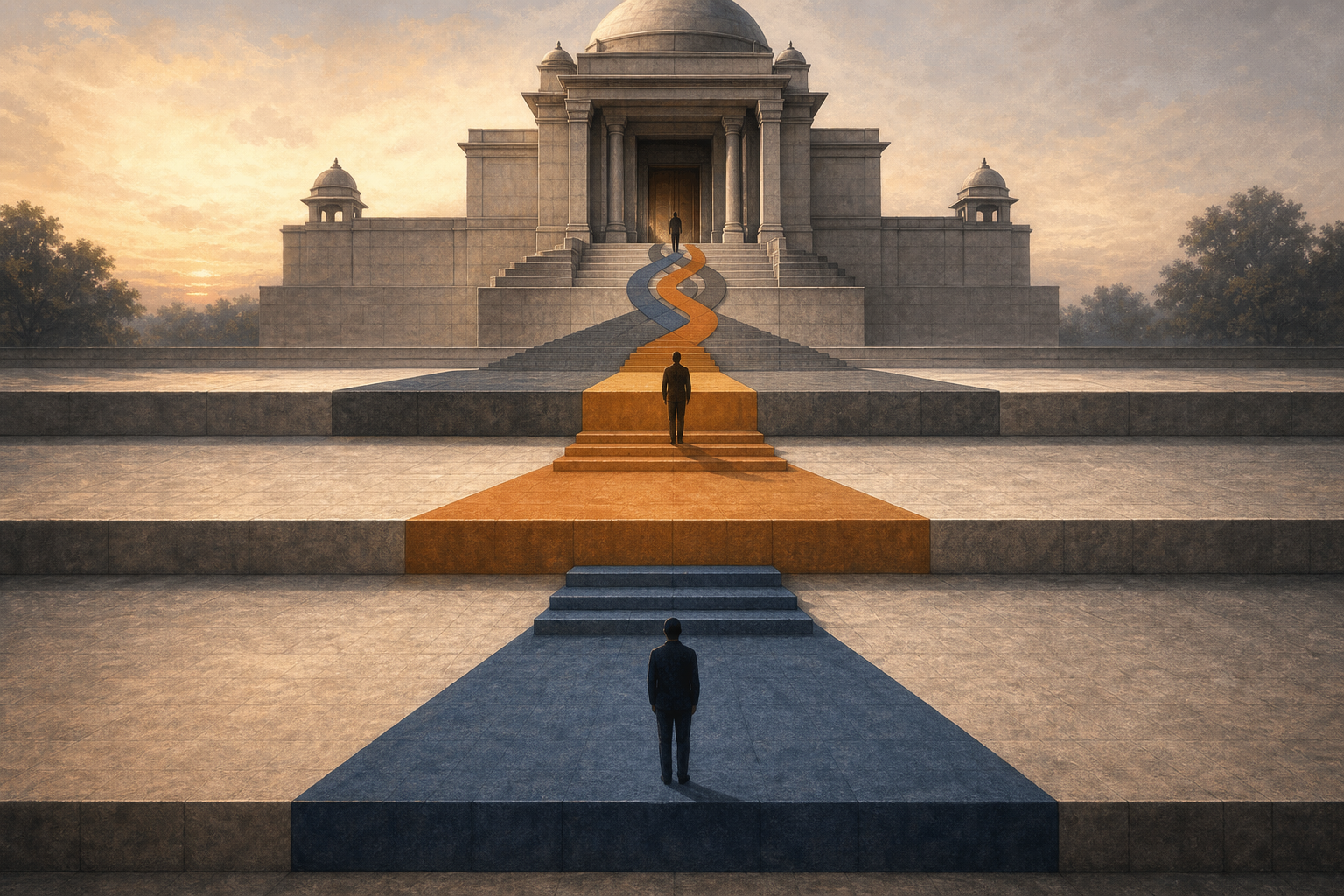 Three stone thresholds lead toward a courthouse as anonymous figures stand at separate levels.