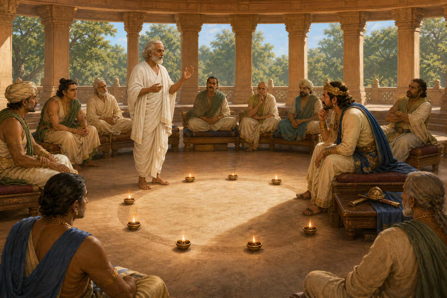 An elderly minister speaks in the center of a circular royal council while the ruler and other counselors listen without interrupting him.