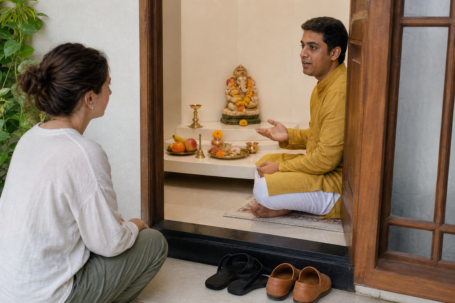 A Hindu host explains how to enter a home prayer room to a guest waiting respectfully beside footwear left at the threshold.