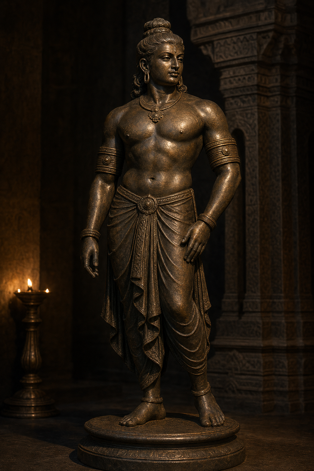 Composed bronze figure of a divine warrior wearing substantial cylindrical upper-arm cuffs in a dimly lit shrine.