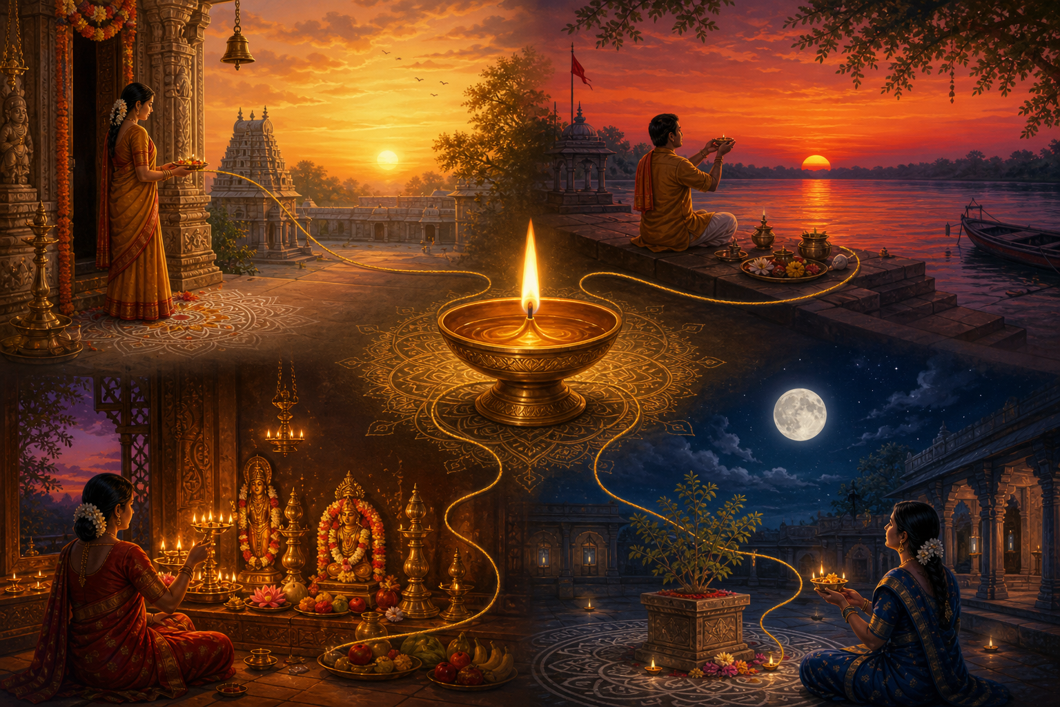 Four devotional scenes show a temple at sunrise, a riverside sunset, a twilight altar, and moonrise around a central brass lamp.