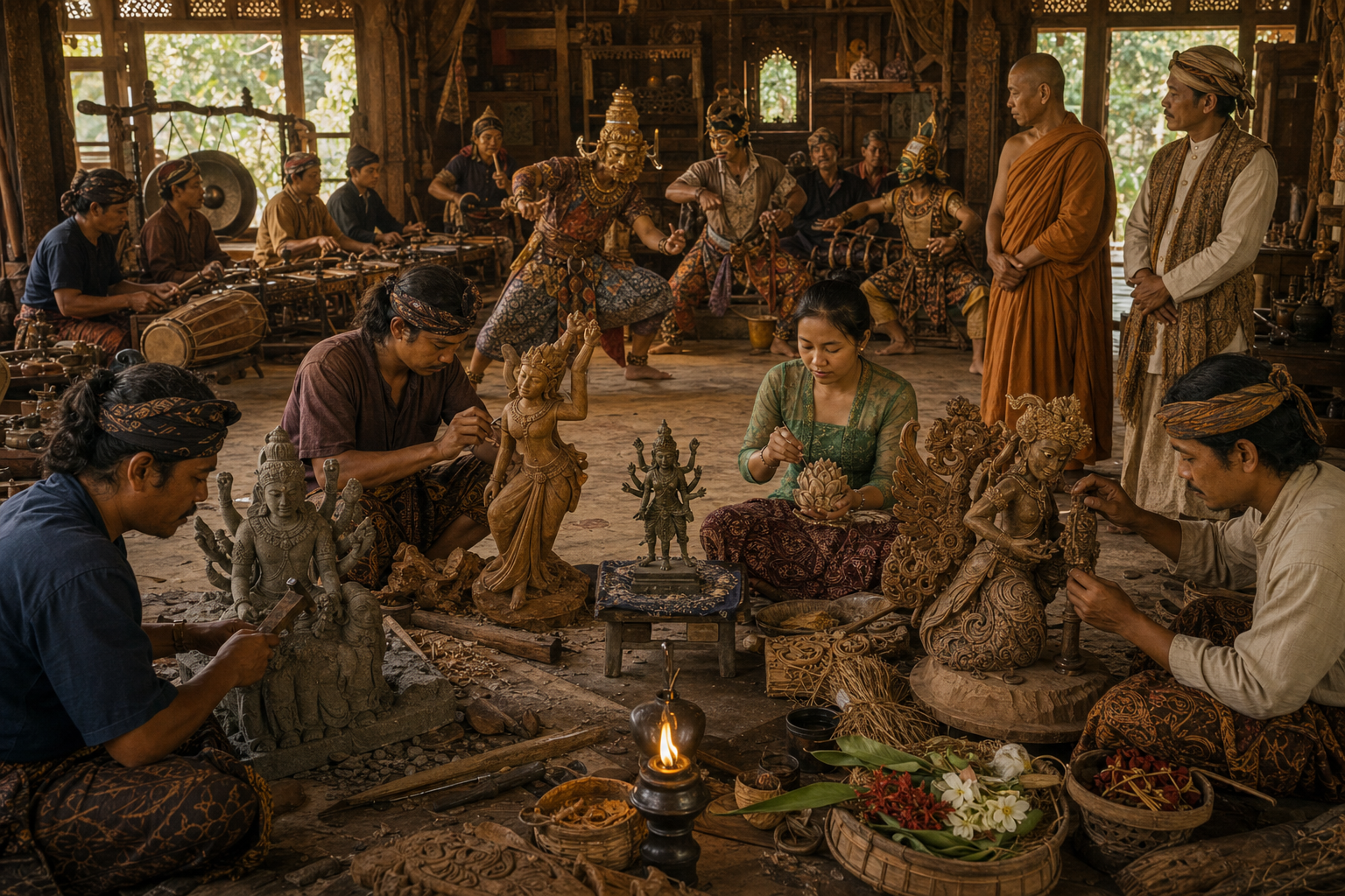 Local sculptors and performers adapt shared sacred forms and an epic tradition through regional materials, costumes and techniques.