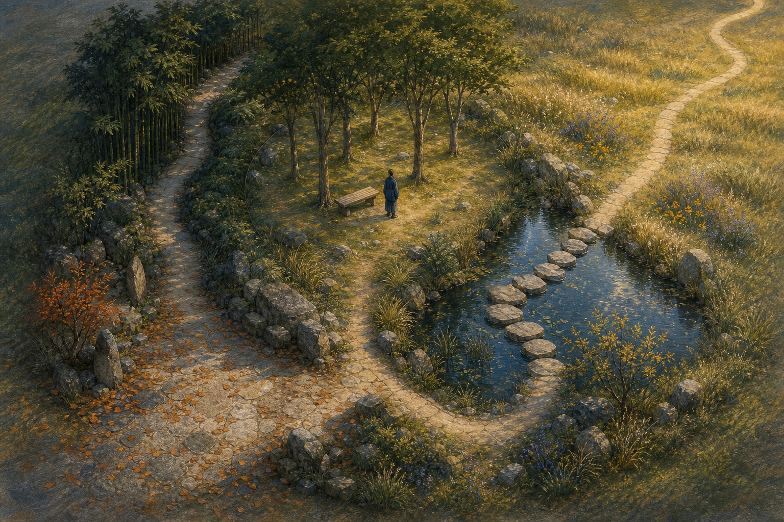 An overhead view of a winding garden path passing through five distinct spaces, with one person standing in a quiet grove.