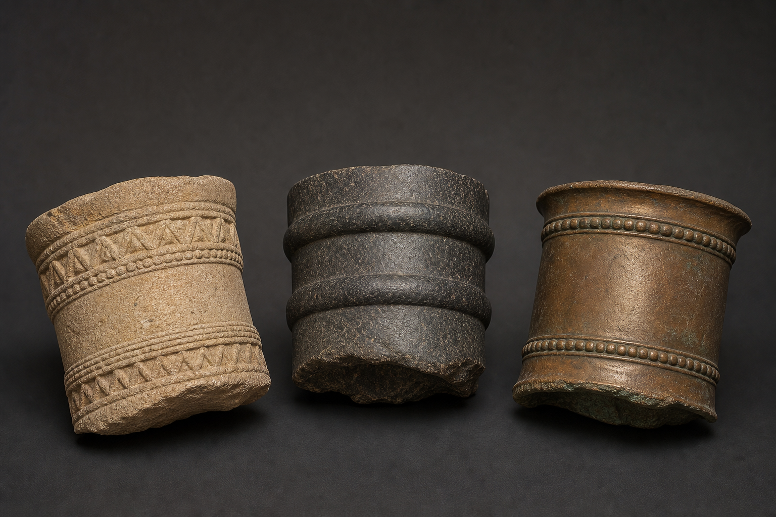 Sandstone, granite, and bronze upper-arm fragments show cylindrical armlets with different ornamental and material treatments.