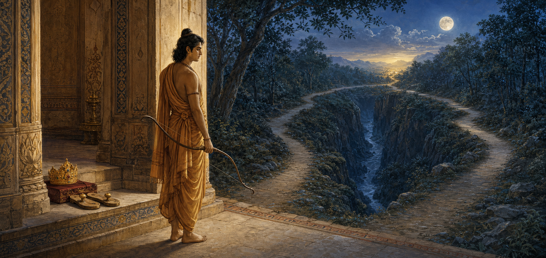 Rama stands between a palace corridor and a branching forest path, with a crown and royal sandals resting behind him.