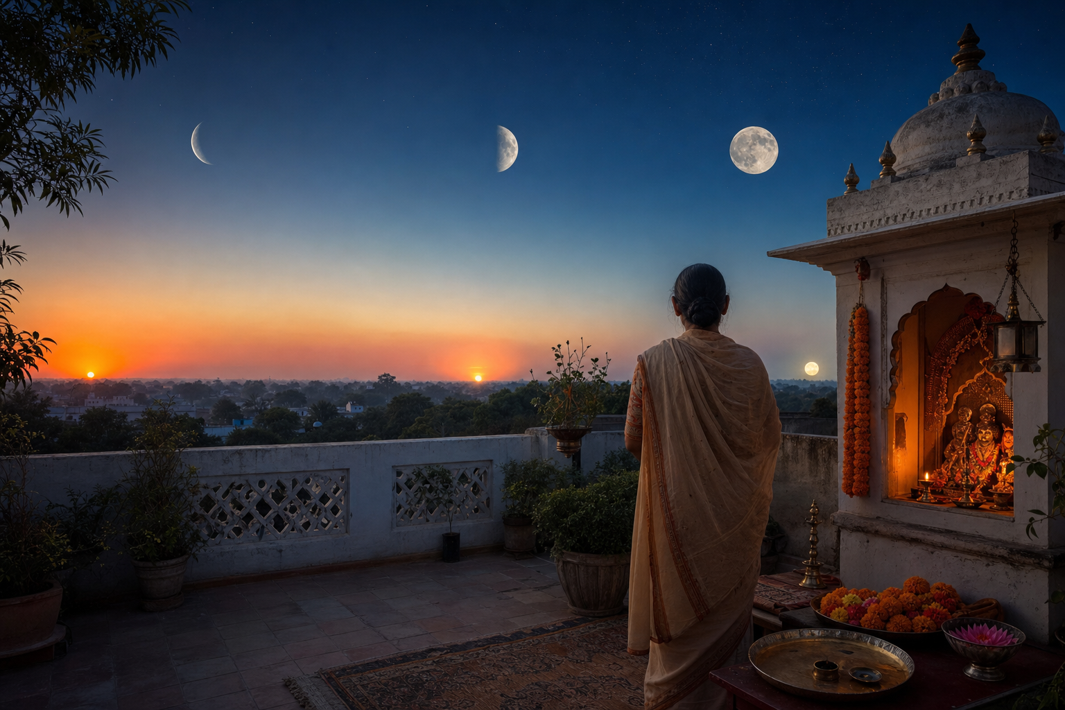 A worshipper stands in an Indian courtyard beneath a sequence of moon phases, with a small shrine and offerings nearby.