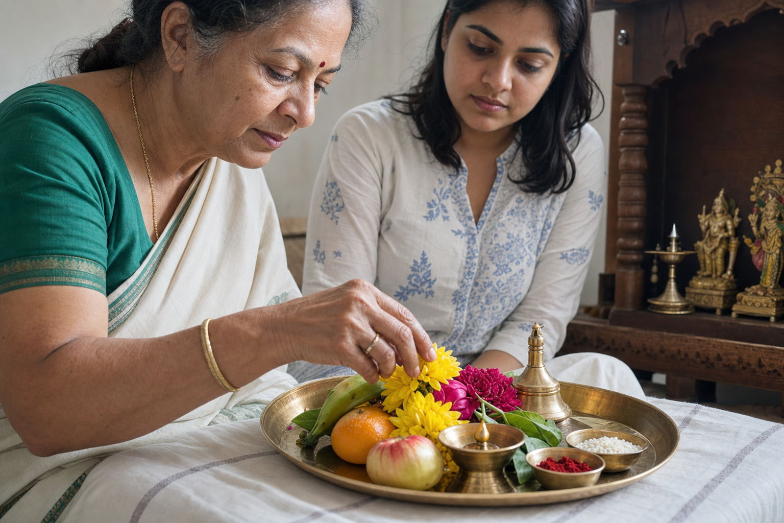 An older Hindu practitioner demonstrates the careful arrangement of a puja tray while a younger adult observes.