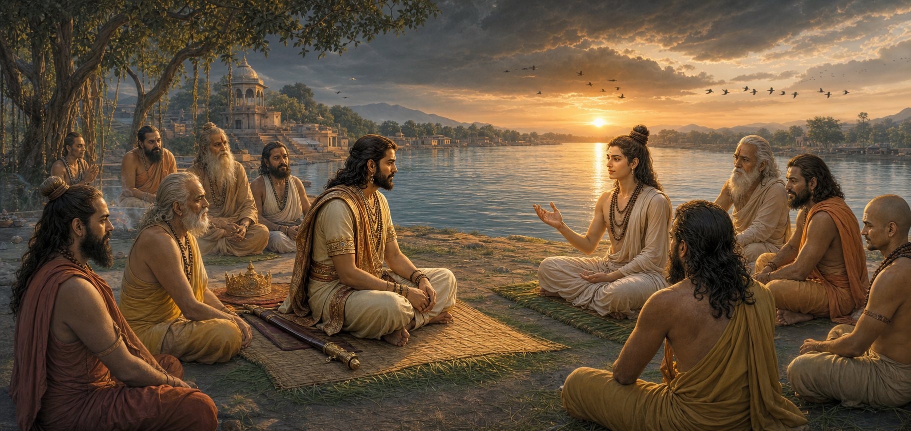 King Parikshit sits beside the Ganges listening to Sukadeva as sages gather around them at sunset.