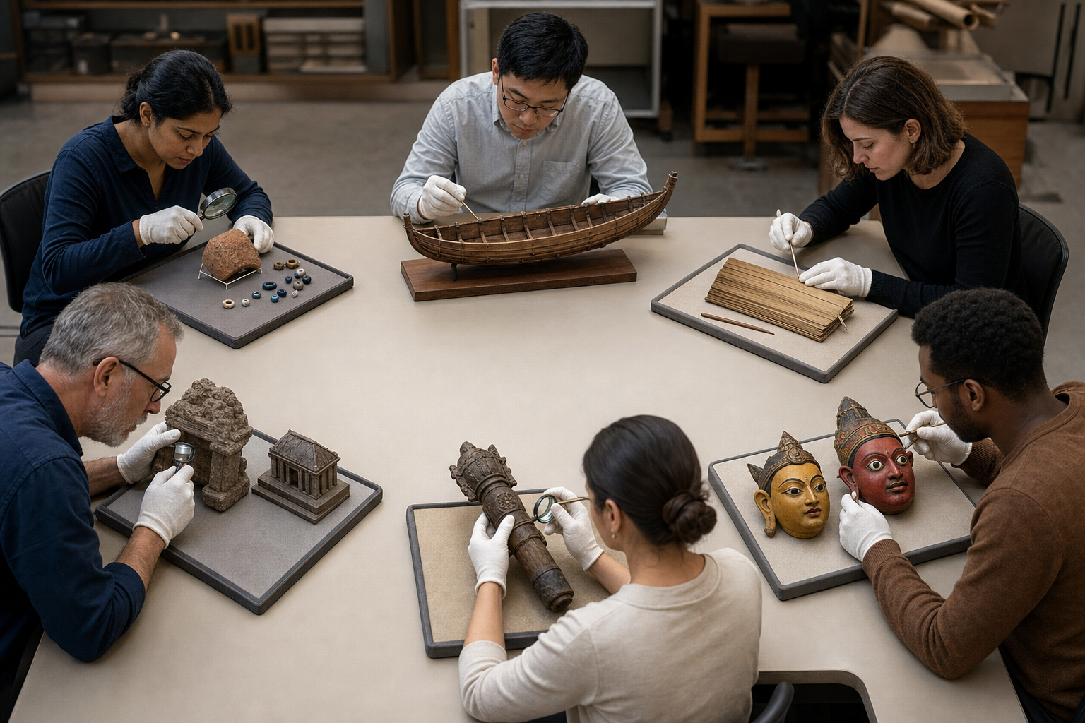 Researchers examine six groups of artifacts, models and performance objects on a museum study table.