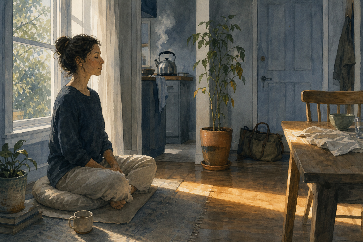 An adult meditates on a cushion in a sunlit home near a kitchen counter, plant, work bag, and table.