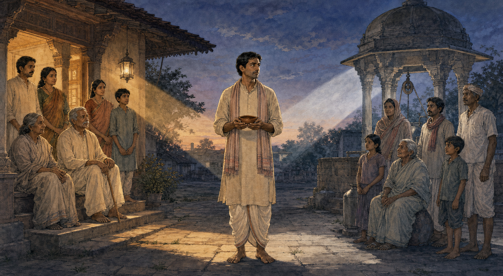 A person holding a clay lamp looks between waiting relatives at a home and villagers gathered beside a public well.