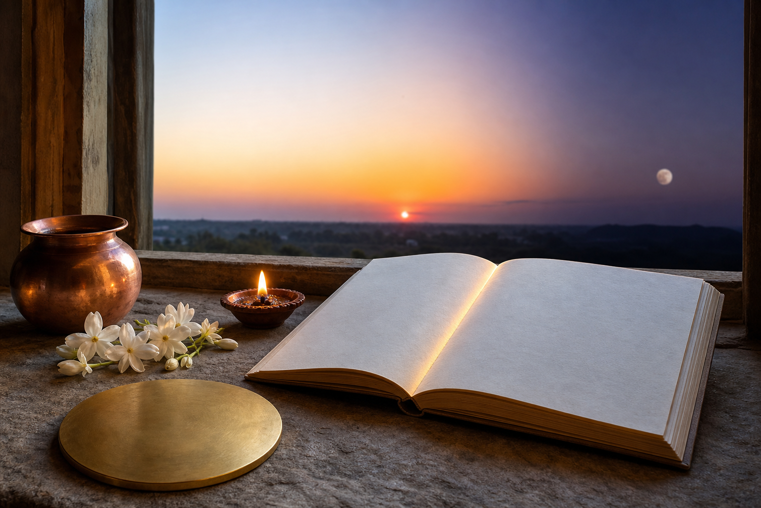 A blank Panchang notebook, brass timing disc, copper vessel, flowers, and lamp sit before a sky shifting from dawn to twilight and moonrise.