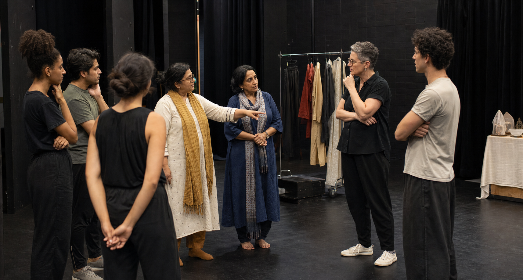 Performers, a director, and Hindu cultural consultants discuss revisions during a rehearsal in a black-box theatre.