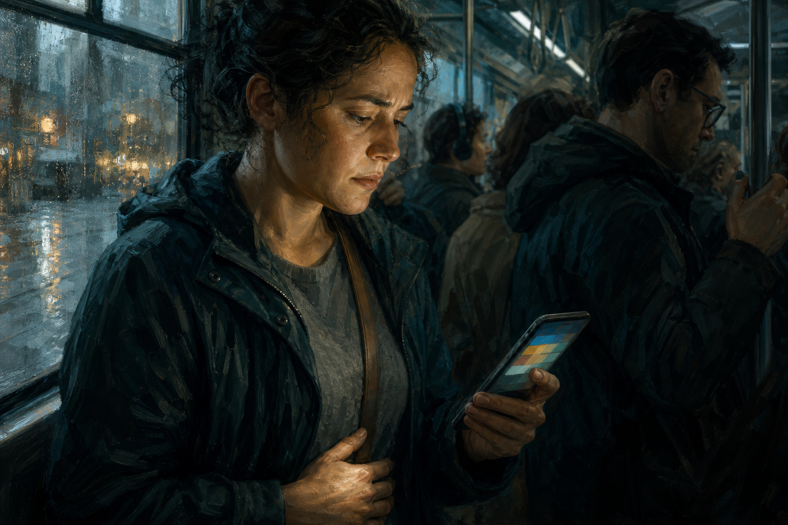A tense passenger pauses with one hand near their ribs while holding a phone inside a crowded, rain-lit streetcar.
