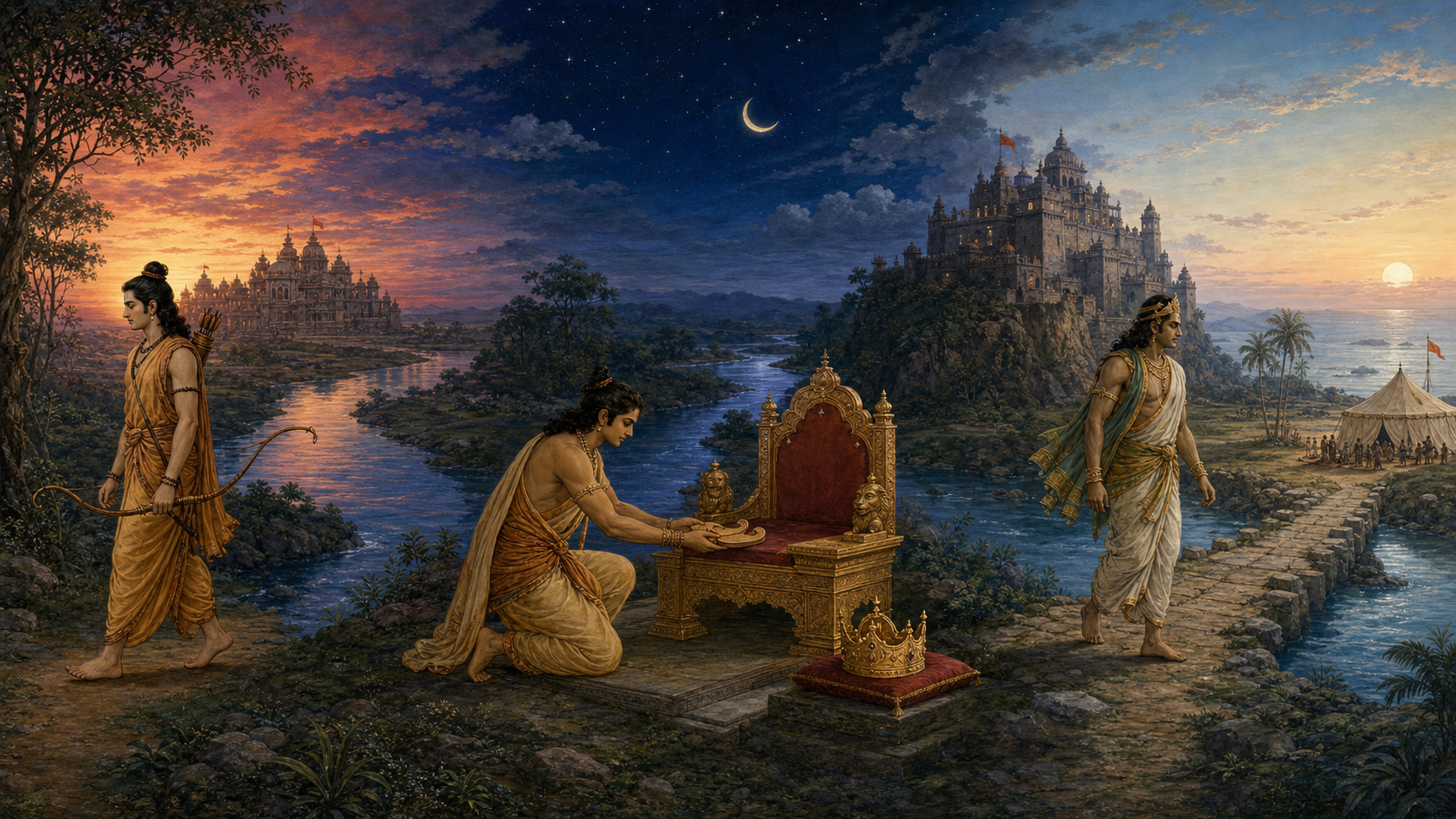 Rama leaves a palace for the forest, Bharata places sandals on an empty throne, and Vibhishana departs a fortified court.