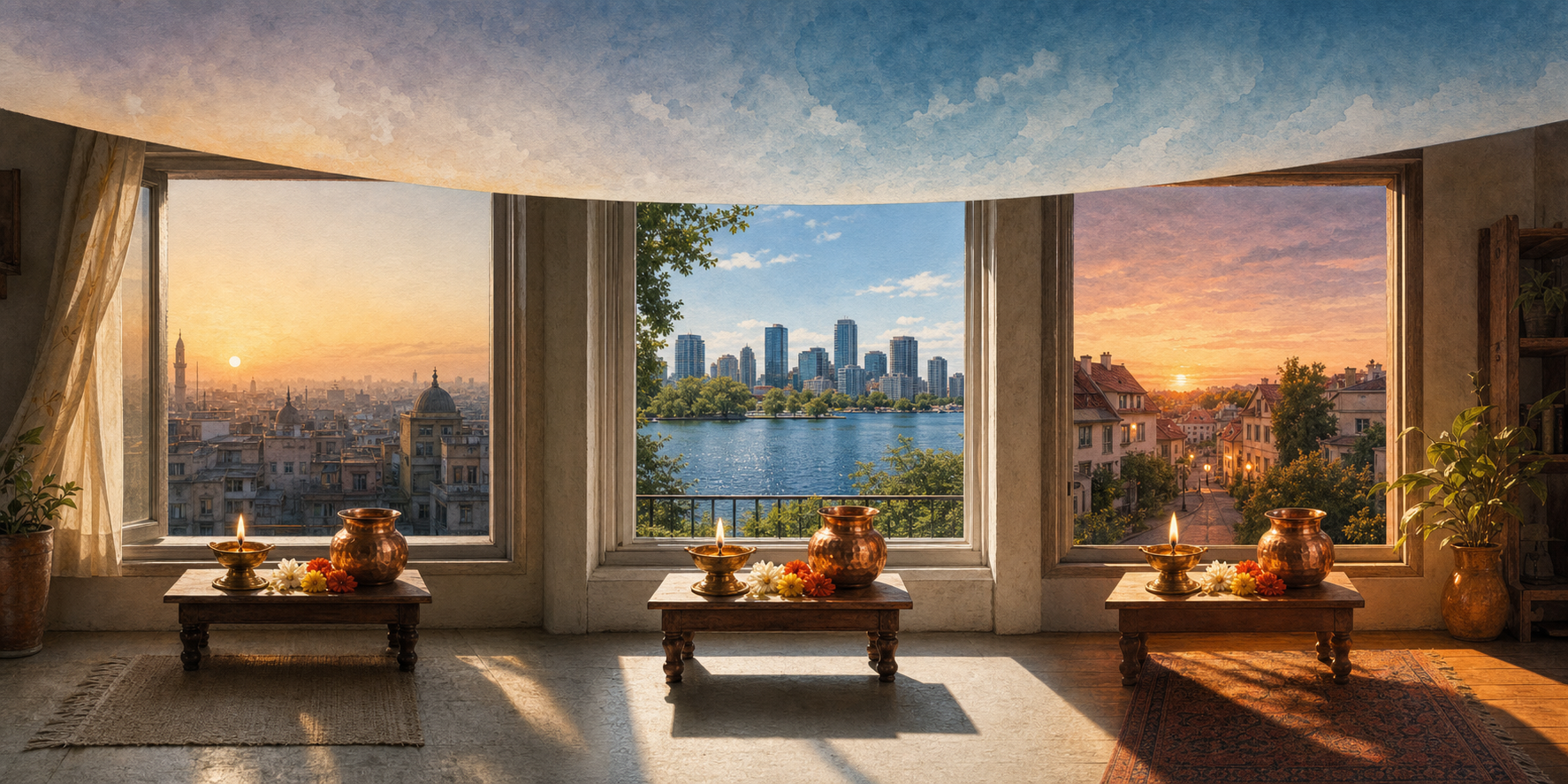 Three similar home altars overlook different city settings under dawn, midday, and dusk light.