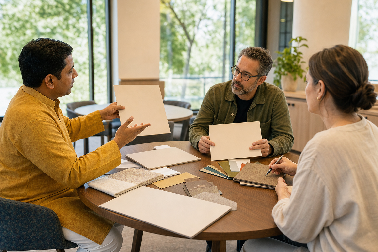 A Hindu community representative discusses a visual concern with a producer and designer at a collaborative review meeting.