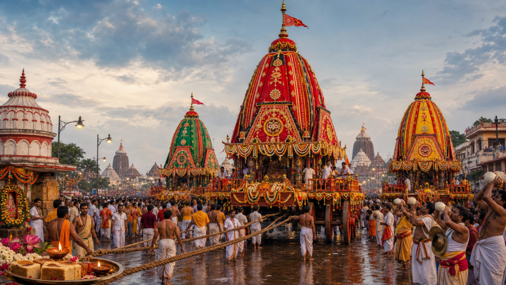 Digital artwork of Bahuda Yatra chariots returning through Puri with devotees, temple lamps, and offerings.
