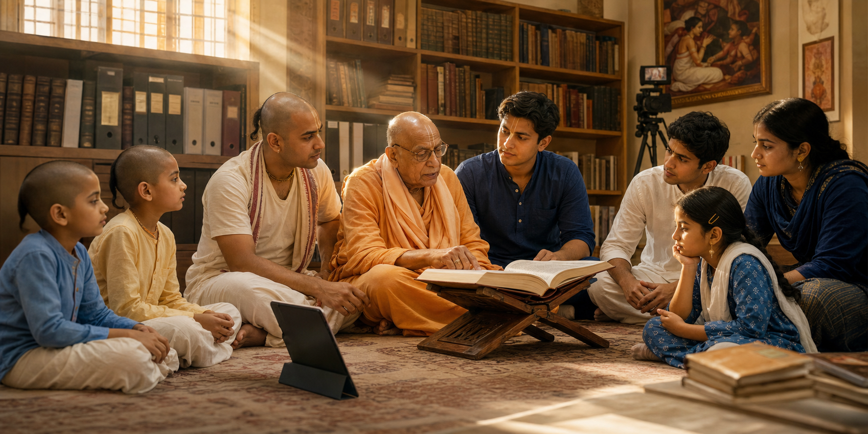 Three generations study together around an open sacred book in a learning center equipped with books, archives, and digital recording tools.