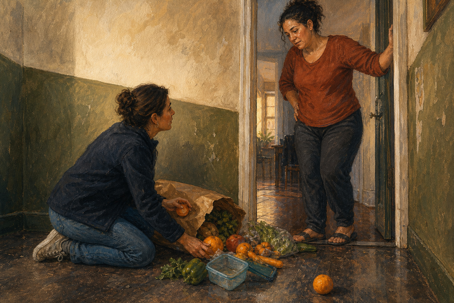 One neighbor kneels to pick up spilled groceries while listening attentively to another person in an apartment hallway.