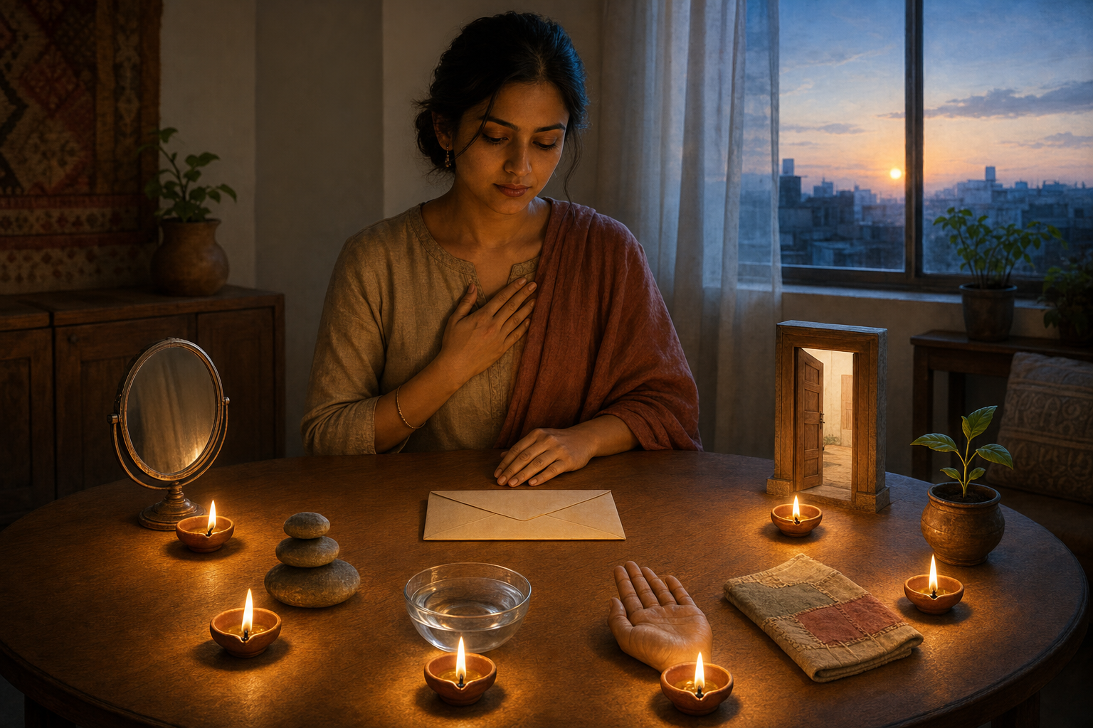 A woman considers an unmarked envelope at a table surrounded by seven clay lamps and symbolic everyday objects.