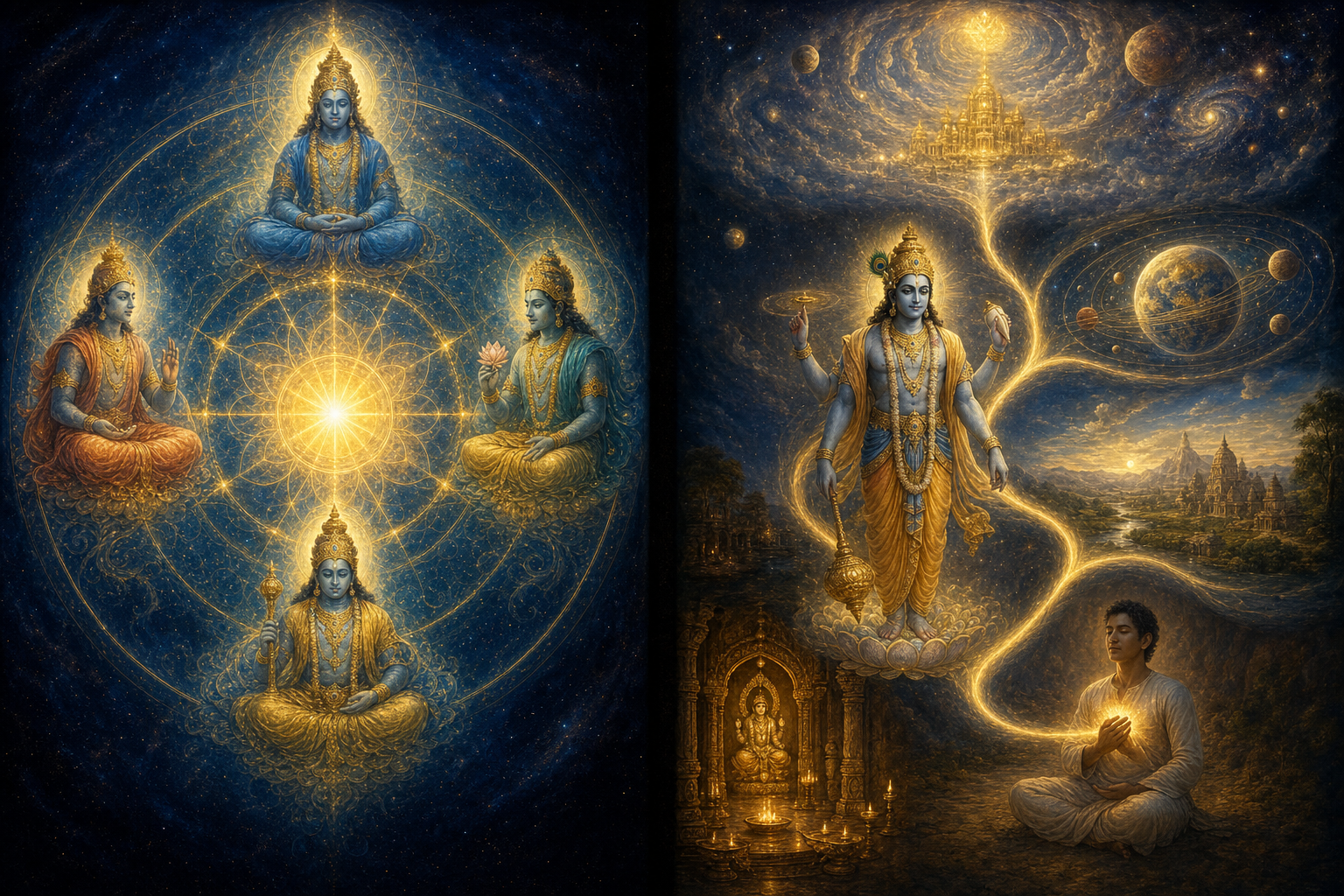 A split composition shows four divine presences around one center on the left and Vishnu's light extending into five different realms on the right.