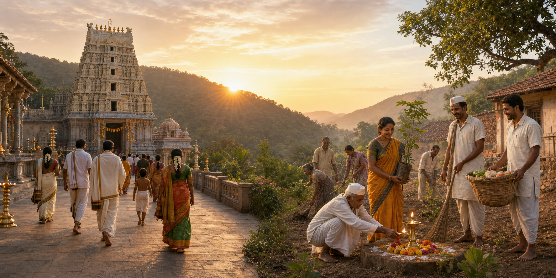 Pilgrims approach a Vaishnava temple in the Tirumala hills while villagers in Maharashtra prepare for community service in a separate scene.