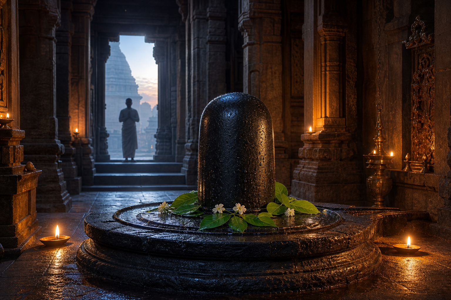 A dark stone Shiva linga with bilva leaves and flowers stands in a lamp-lit temple sanctum as a devotee prays from the threshold.