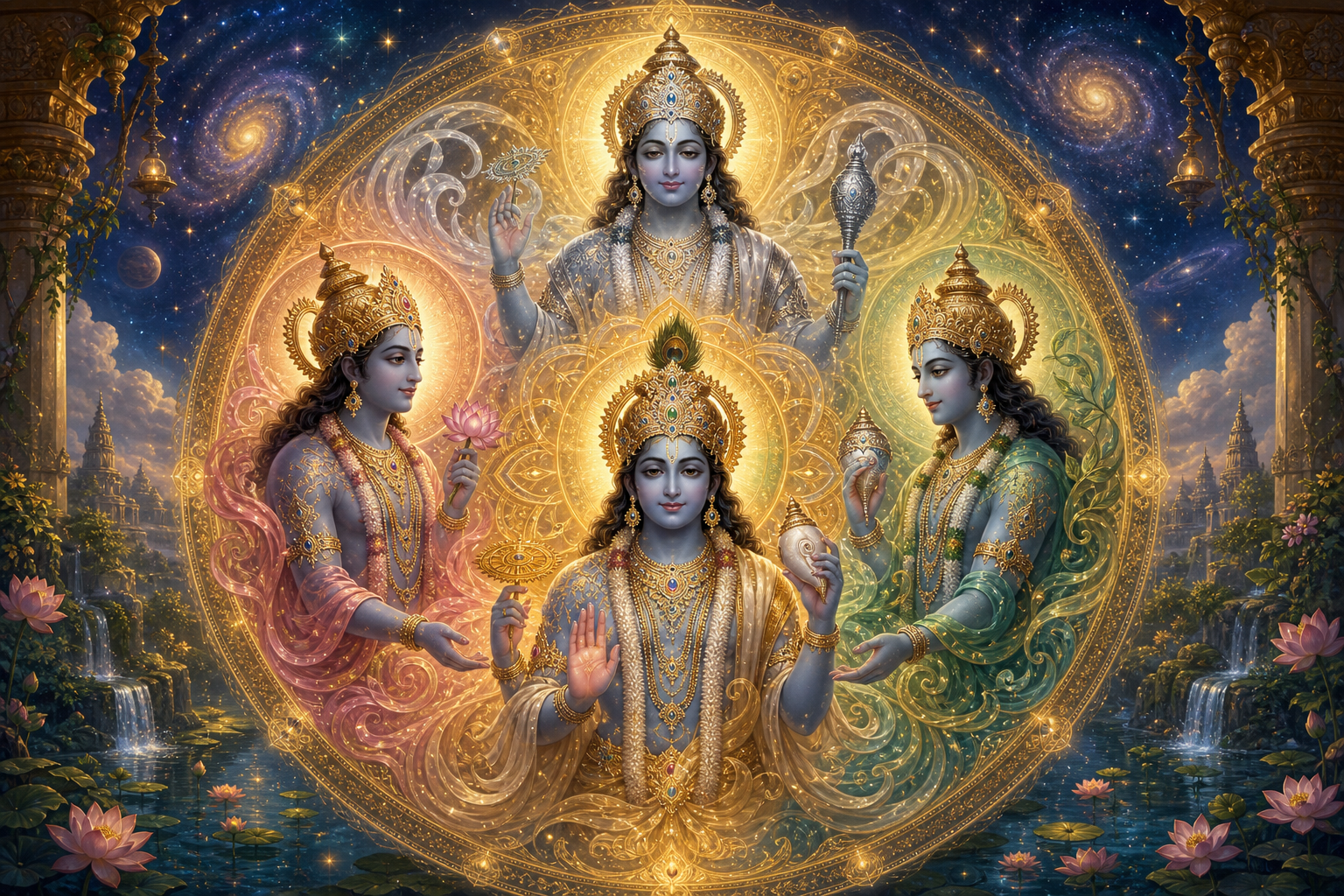 Four related divine forms share overlapping halos within one golden mandala, with light flowing outward into the cosmos and nature.