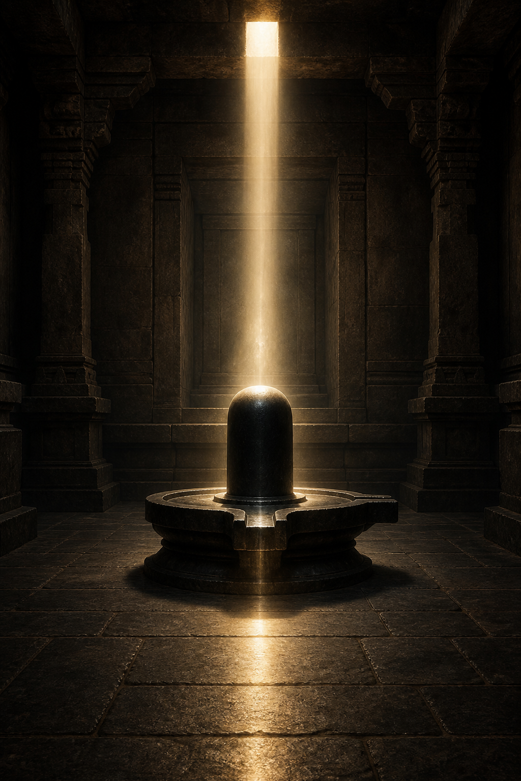 A simple dark stone Shiva linga is illuminated by a vertical beam of light inside a quiet stone chamber.