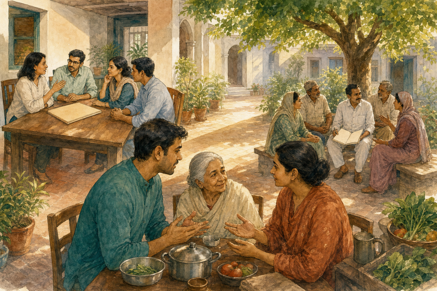 Relatives, coworkers, residents, and a public servant listen to one another in connected home, office, and civic settings.