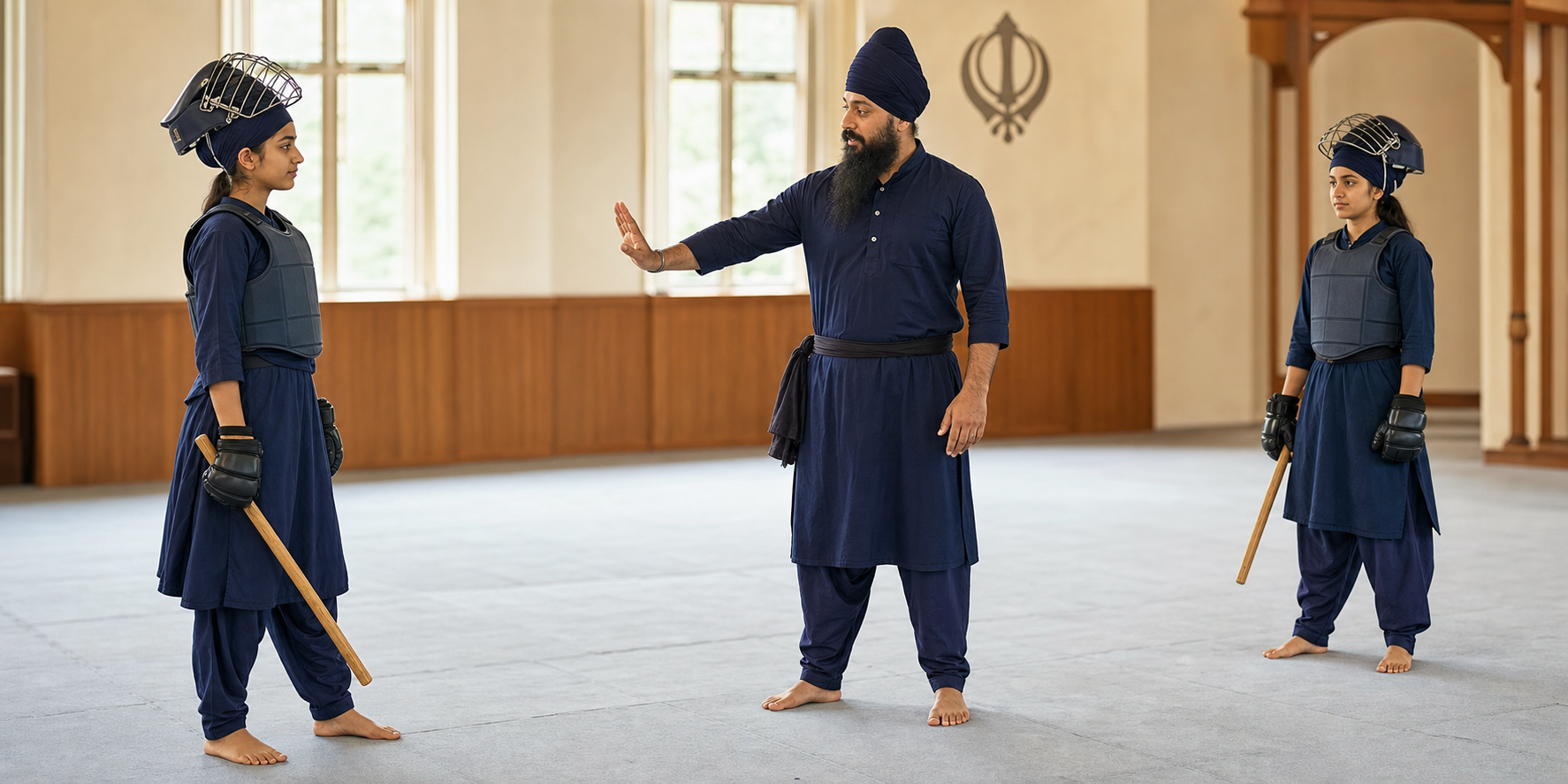 A teenage Sikh girl in Gatka protective equipment listens to an instructor while holding a wooden practice stick in a community training hall.