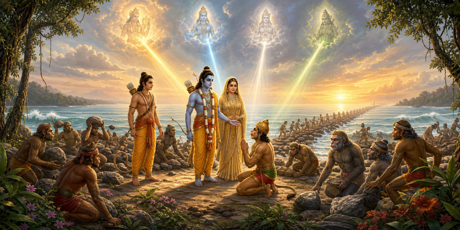 Rama, Sita, Lakshmana, Hanuman, and Vanara allies prepare together at the seashore as several strands of divine light converge upon them.