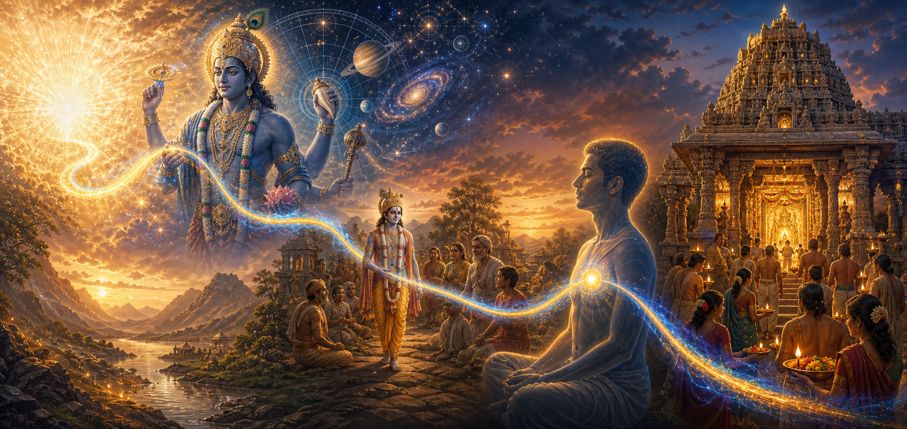 A continuous band of light links celestial radiance, cosmic Vishnu, an earthly divine appearance, a glow inside a meditator's heart, and a temple image.
