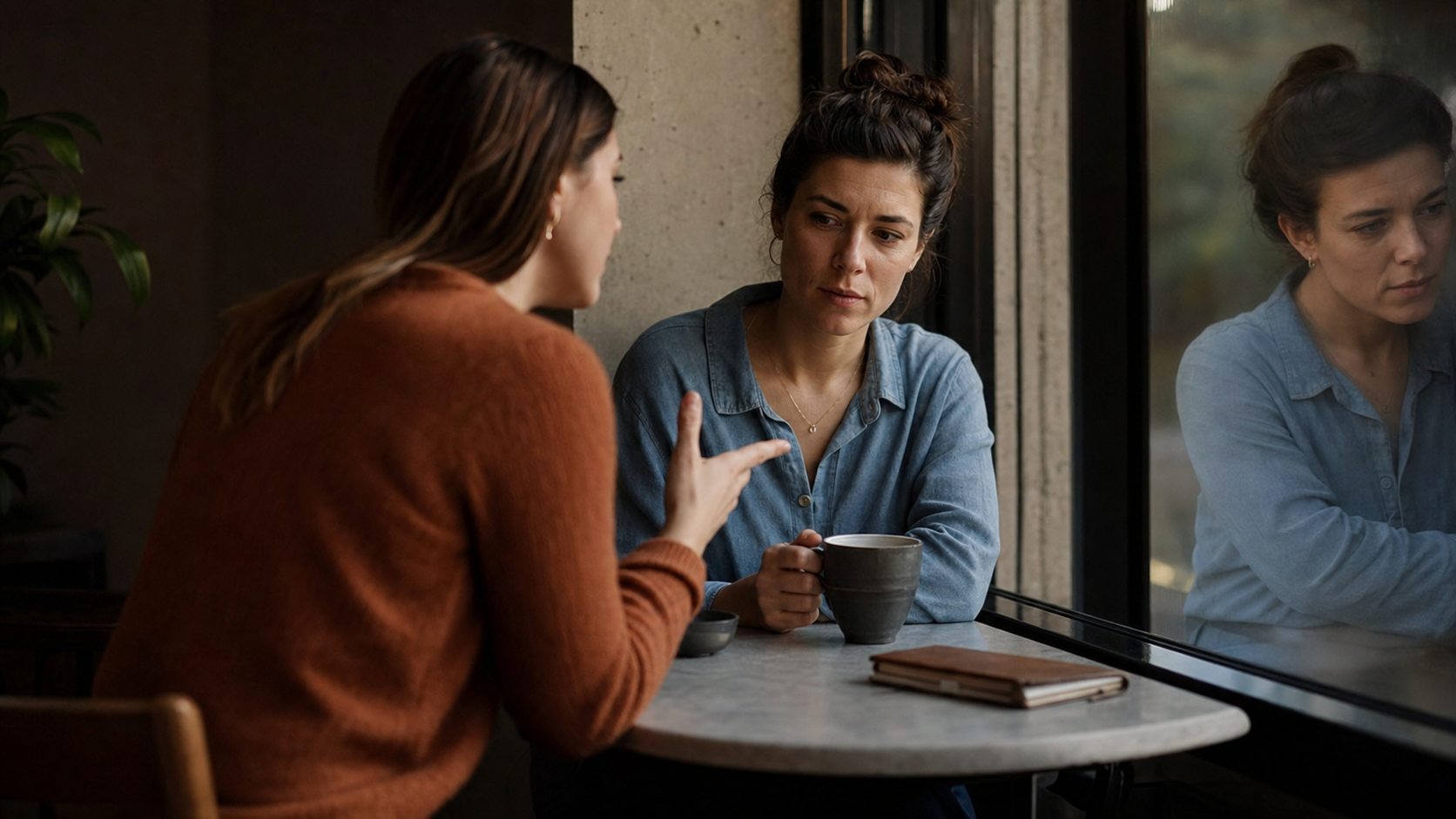 Two friends sit across from each other in a cafe while one leans forward and the other looks uncertain beside their reflection in a window.