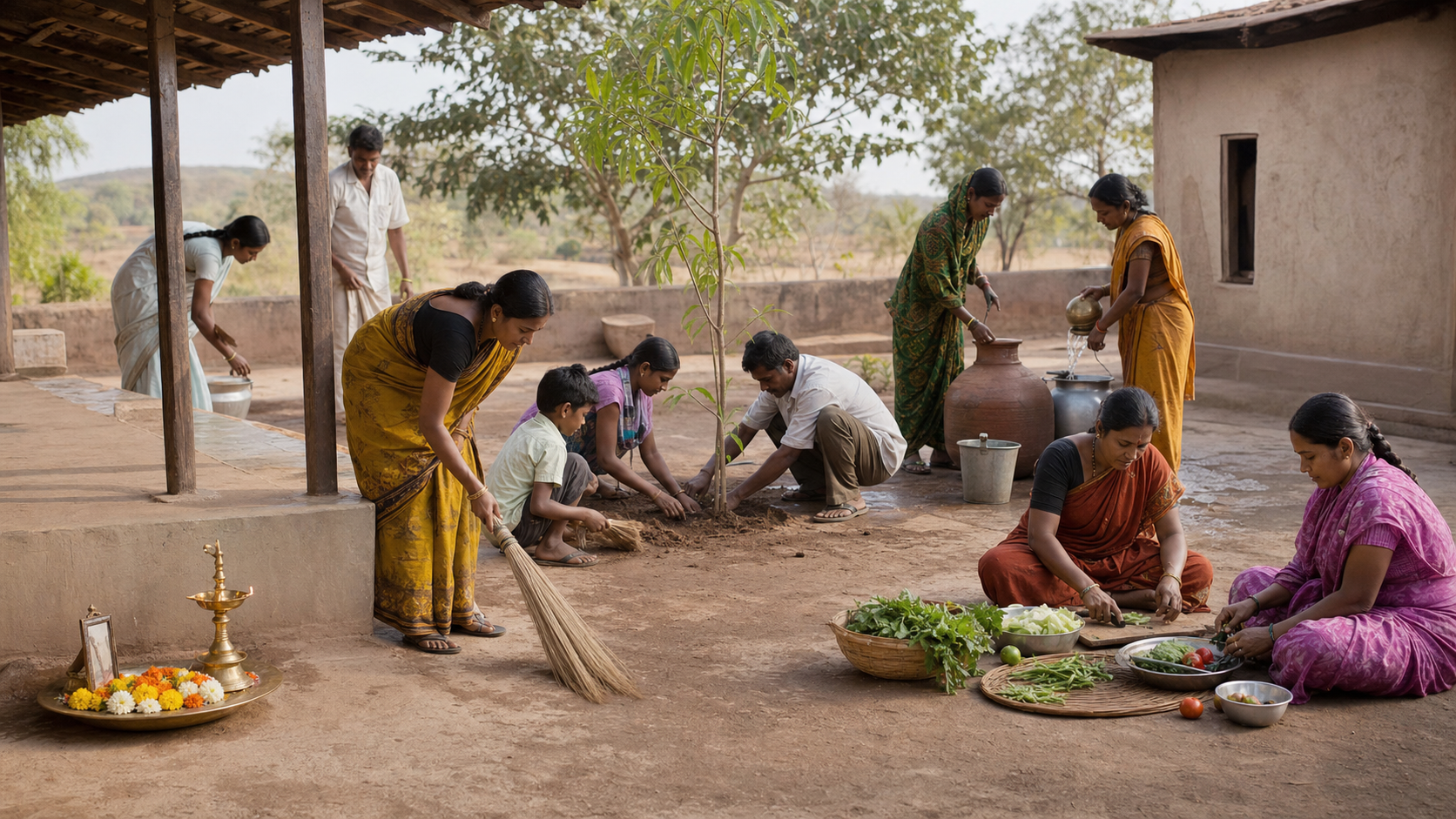Villagers clean a shared courtyard, plant a tree, fill water vessels, and prepare a community meal beside a small devotional lamp.