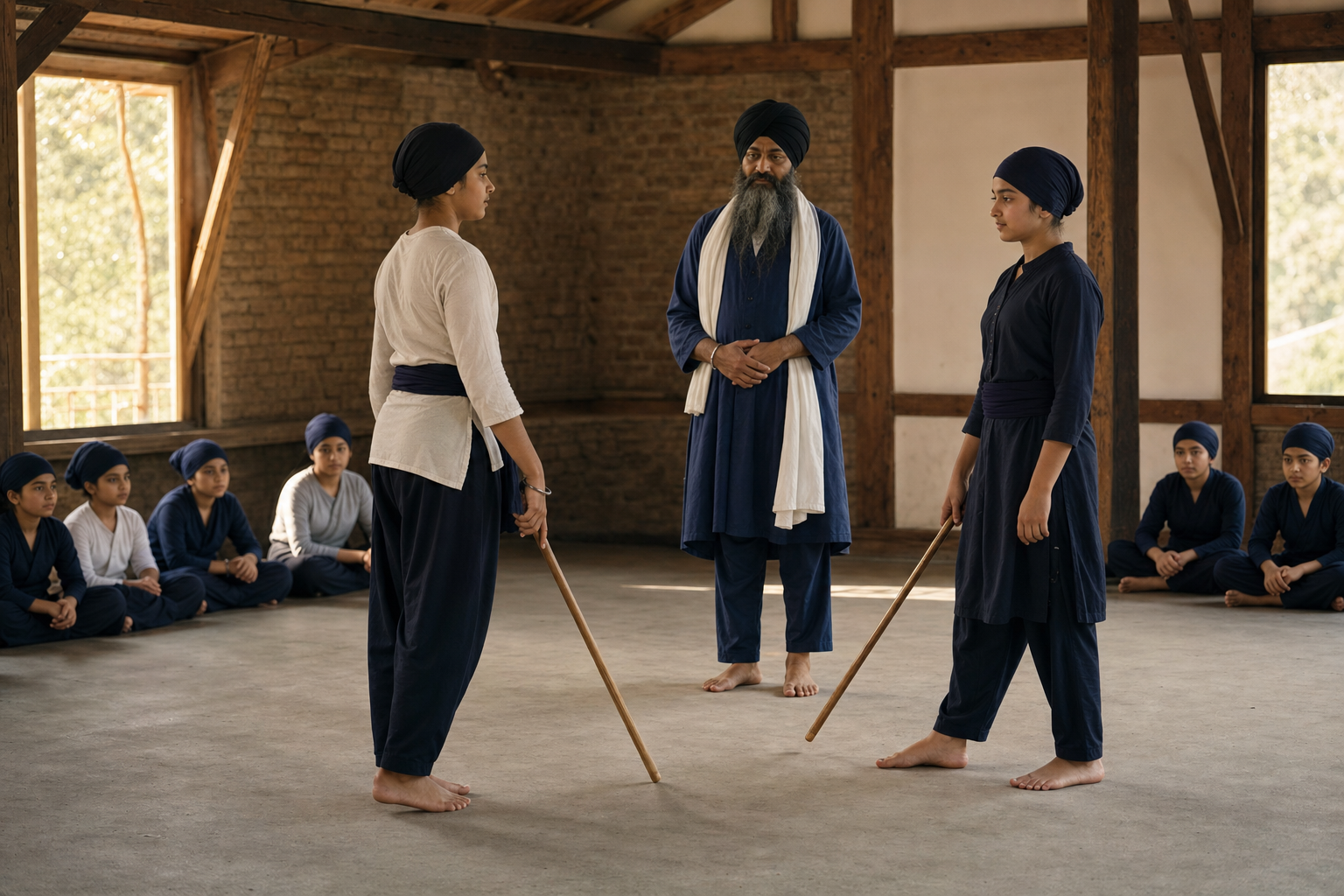 Two Sikh girls lower their practice sticks after a controlled Gatka exchange while an instructor observes.