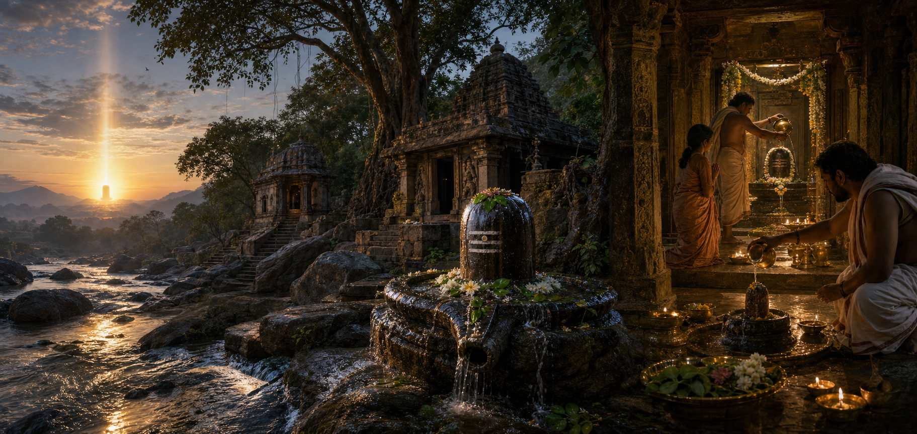 A panoramic scene links a pillar of light, a stone Shiva linga rooted in a sacred landscape, and worshippers making offerings in a shrine.