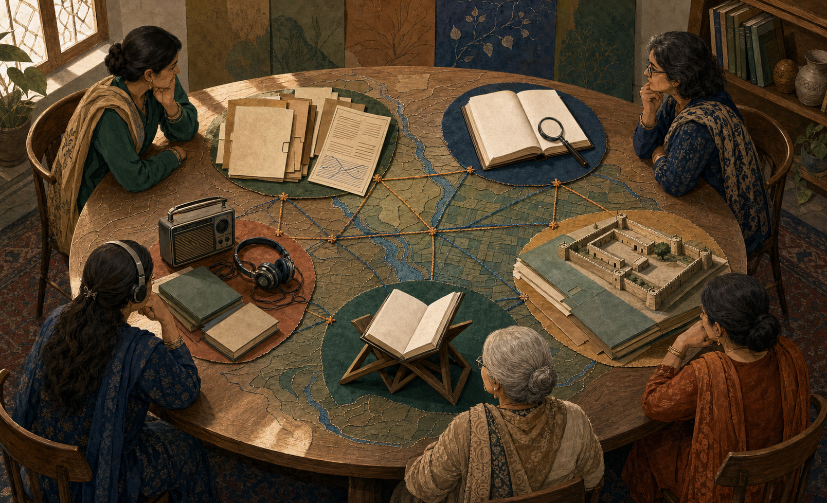 Five fictional women scholars sit around a circular table where books, archives, headphones, a bookstand, and an architectural model are connected by colored threads over a river-like pattern.