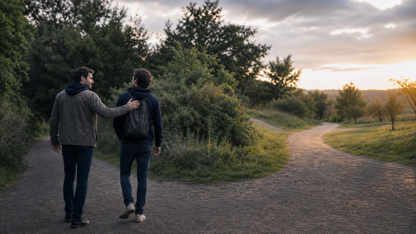 Two friends stand on a branching park path as one blocks the route and the other looks toward an open trail.
