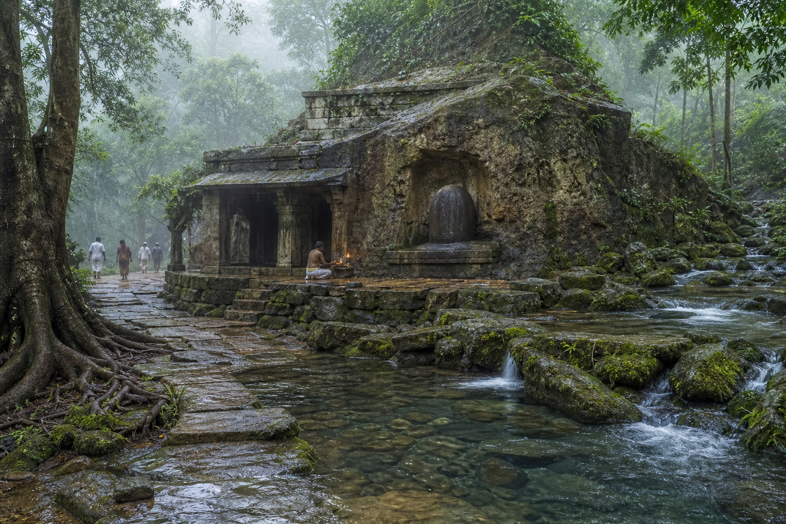 An old Shiva linga rooted in a rocky forest shrine stands beside a spring as pilgrims approach along a stone path.