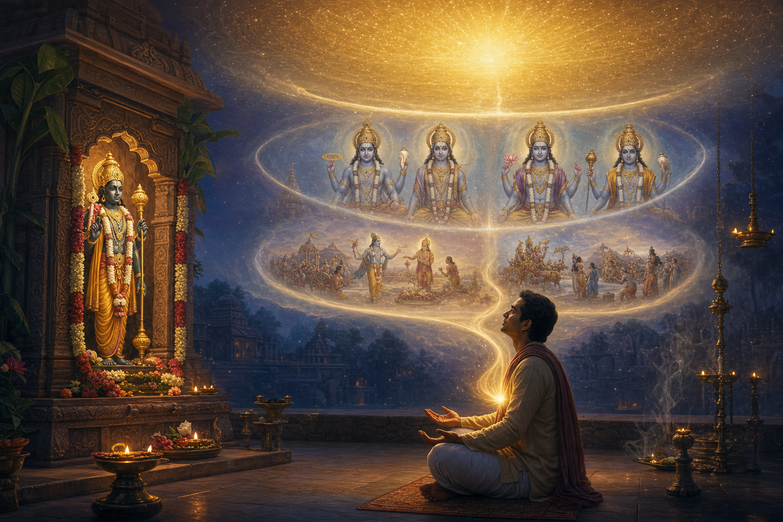 A devotee meditates before a lamp-lit Vishnu shrine as its light expands through the heart into earthly, cosmic, and transcendent visions.