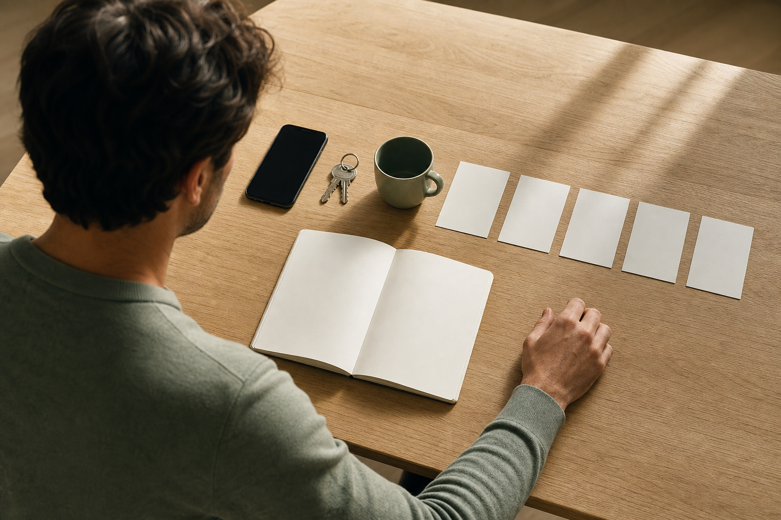 A person arranges a phone, keys, cup, and blank cards beside an empty notebook on a sunlit table.