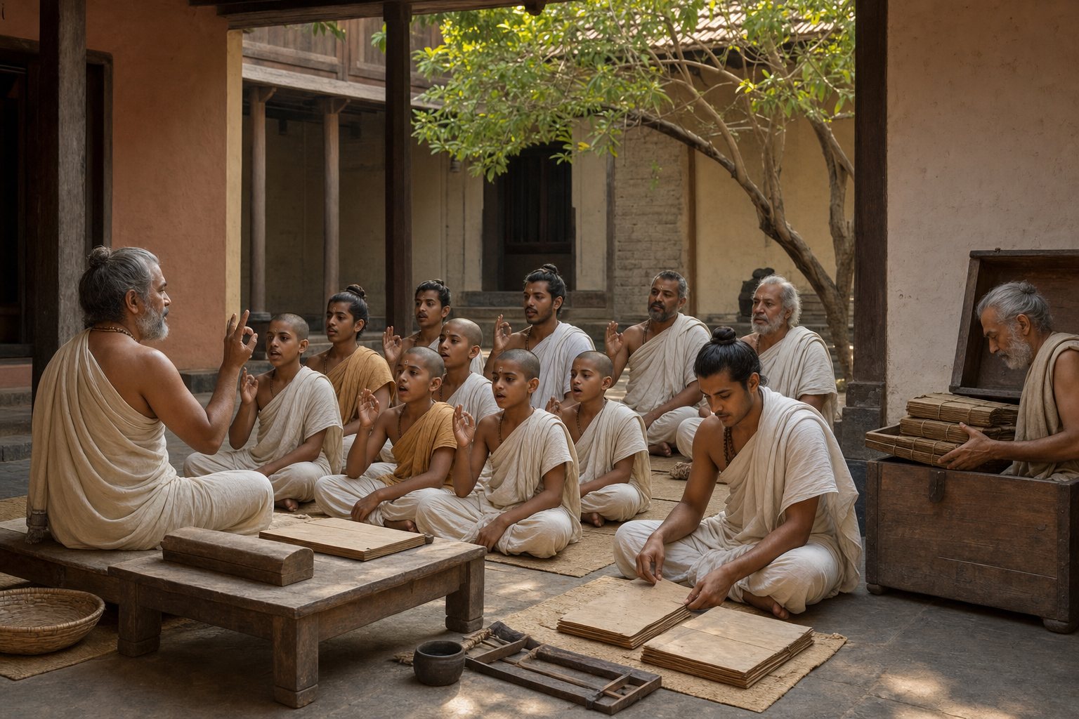 A teacher leads students in oral recitation while a scribe and caretaker prepare and store manuscript folios in a courtyard.