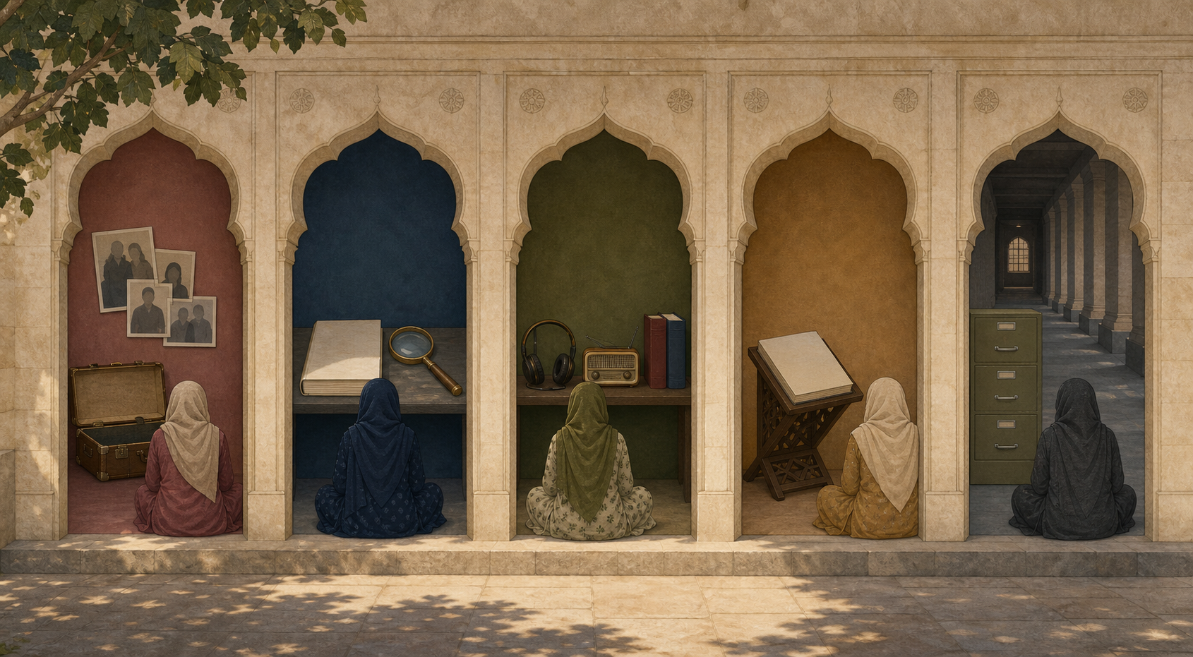 Five library alcoves contain symbolic objects for Partition, education, language, religious interpretation, and institutional power, with anonymous women reading nearby.