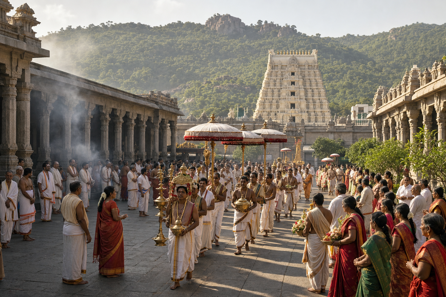 Pilgrims and temple attendants carrying garlands, lamps, parasols, and ritual vessels converge in a Tirumala temple courtyard.