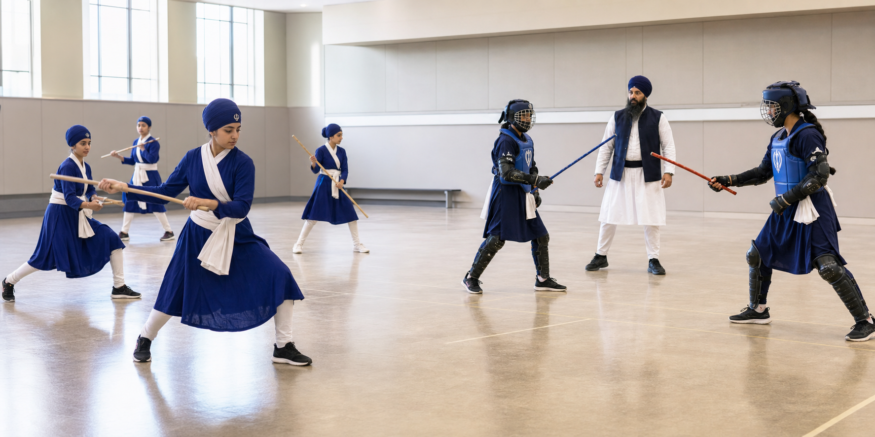 Girls practice choreographed Gatka movements on one side of a hall while protected athletes perform a supervised sparring drill on the other.