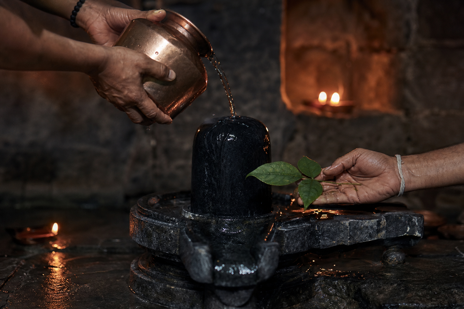 Worshippers pour water from a copper vessel over a dark stone Shiva linga while holding fresh bilva leaves nearby.