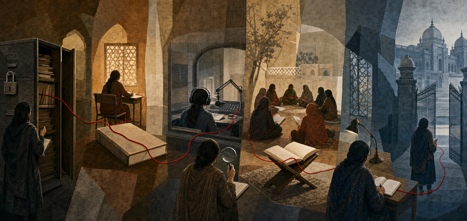A red thread passes through an archive, classroom, radio studio, reading circle, study, and administrative compound while anonymous women researchers examine it.